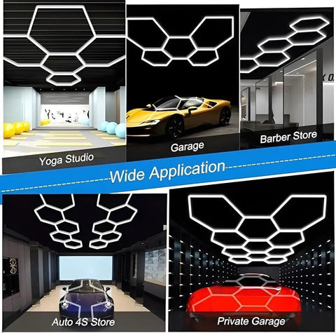 Five Hexagon LED Garage Light Kit With T5 Tube Panels Beastly Bright 6500K Daylight 60,800 Lumens in various installations