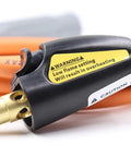 Double Valve Self Ignition Torch For MAPP And Propane Soldering with 60 inch hose, close-up of warning label on ignition switch