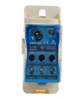 Top Shelf Heavy Duty 125A Din Rail Terminal Block For Cabinet Wiring Projects with blue cover and multiple connection ports.