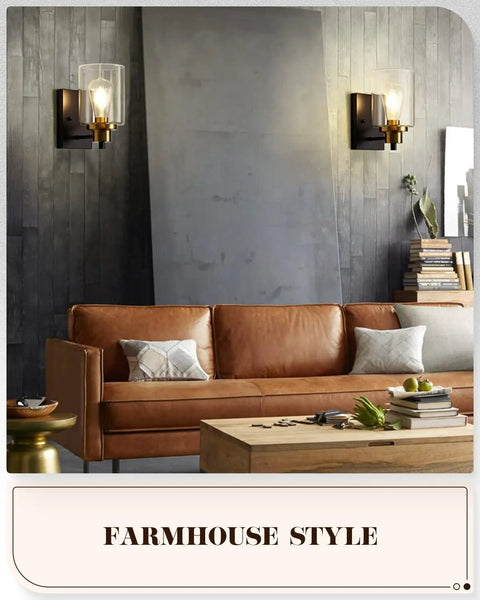 Indoor 2 Pack Wall Light Fixtures Set, Vintage Farmhouse Sconces In Black And Gold Finish With Clear Glass Shades above sofa