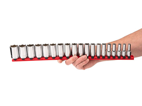 Person holding 3/8 Inch Drive Semi-Deep 6-Point Socket Set With Rail, 19-Piece, Includes 6-24 mm Sockets, DIY and pro mechanics tool