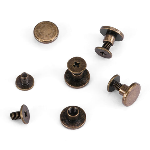 Slick Screw On Brads For Leather Crafts Dope Flat Head Rivets 5mm Copper Brass Repair Fasteners in assorted sizes.
