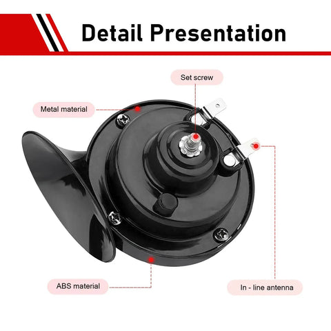 Detail view of Beefed Up Ultra Loud 300DB Snail Train Horn Kit 12V Waterproof Dual Horn showing ABS and metal materials with screws.