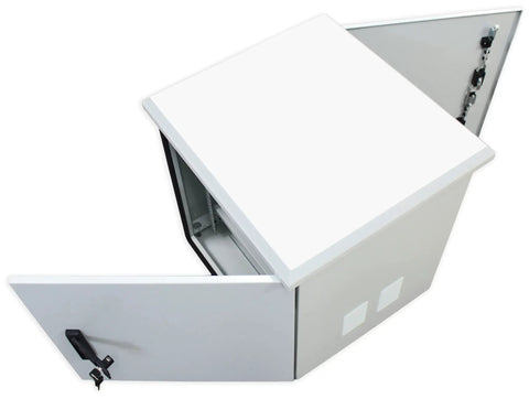 Roll Out Your Setup With This Tough As Nails 18U Outdoor Cabinet That Handles Mother Nature Like A Boss While Keeping IP55 Weatherproof Protection For Every Network Device Floor Mount Rack Includes Dual Doors Fan And Tight Lock Mechanism, angled view of open cabinet with sturdy metal construction.