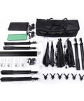 Go-To Pro Grade Studio Photo Lighting Kit With 2M X 3M Backdrop System components including stands, umbrellas, and backdrops.