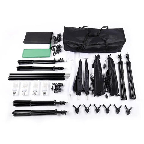 Go-To Pro Grade Studio Photo Lighting Kit With 2M X 3M Backdrop System components including stands, umbrellas, and backdrops.