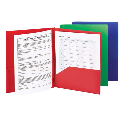 Two Pocket Poly Folder Set With Three Hole Punch Prong Fasteners For Letter Size Papers Assorted Colors Three Per Pack displayed open