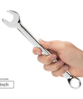 19 Piece Inch Combination Wrench Set With Rack From One Quarter Inch To One And One Quarter Inch Angled Open Ends At Fifteen Degrees For Tight Spaces Durable Chrome Finish Great For DIY And Everyday Garage Jobs 3/4 inch wrench in hand