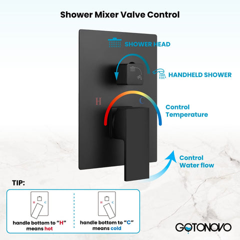 Shower mixer valve control diagram for Rainfall Shower System 10 Inch Wall Mounted Matte Black High Pressure Square Shower Head.