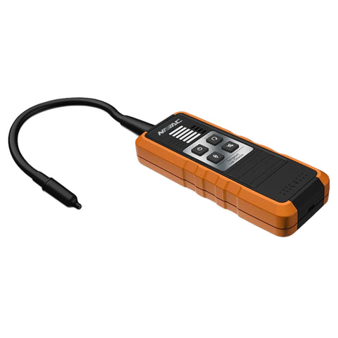 Navac NML1 refrigerant leak detector front view; orange and black plastic handheld unit with attached probe
