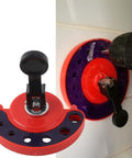 Diamond drill bit with adjustable 4–12mm glass opening locator; red vacuum-base hole-saw guide with suction cup