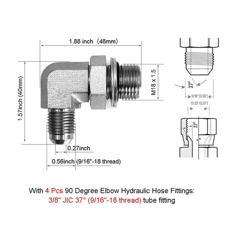 3/8 Inch JIC 37 Degree Hydraulic Elbow Fitting with Dimensions
