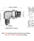90 degree elbow hydraulic hose fitting with 3/8 inch JIC 37 degree, 9/16-18 thread measurements and diagrams showing dimensions.