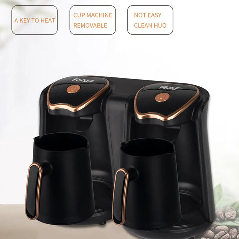Black Powerful 1200W Turkish Coffee Maker For Home Use Brews Eight Cups Fast With Anti Overflow And Anti Burn Tech, dual spouts visible
