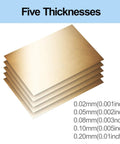 Brass Shim Stock Assortment Set 6 Inch By 4 Inch, five thicknesses 0.001 to 0.01 inch, polished brass sheets for home projects.