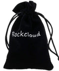 RockCloud black velvet drawstring pouch with white logo.