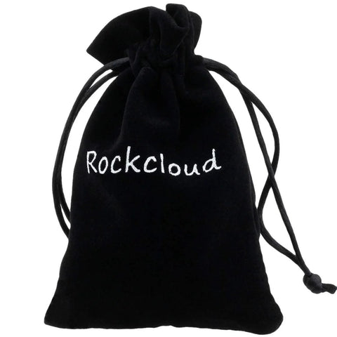 RockCloud black velvet drawstring pouch with white logo.