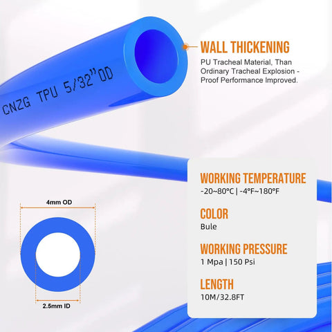 5/32 Inch OD Air Hose Kit With 4mm Tubing Blue 32.8Ft/10M, PU material, temperature and pressure specs detailed, focus on wall thickness.