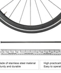 Top Shelf Stainless Steel Bike Spoke Length Gauge And Nipple Size Ruler For Cotter Pins And Bearings Dead On 360Mm Double Sided Workshop Measuring Tool above a wheel with spokes.