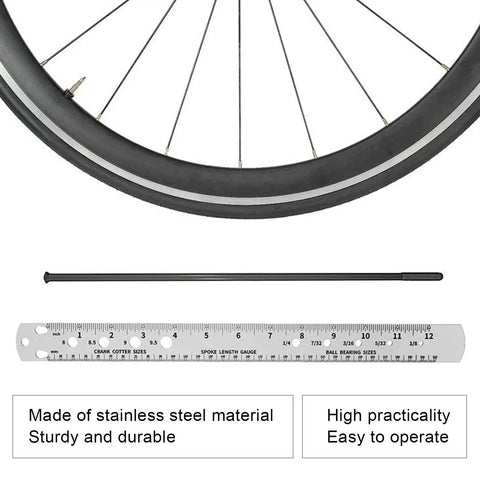 Top Shelf Stainless Steel Bike Spoke Length Gauge And Nipple Size Ruler For Cotter Pins And Bearings Dead On 360Mm Double Sided Workshop Measuring Tool above a wheel with spokes.