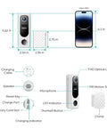 Diagram of Wireless Doorbell Camera With 2K Video No Subscription Built In Chime Plug And Play 2 Way Audio showing dimensions and components