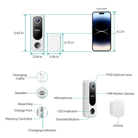 Diagram of Wireless Doorbell Camera With 2K Video No Subscription Built In Chime Plug And Play 2 Way Audio showing dimensions and components