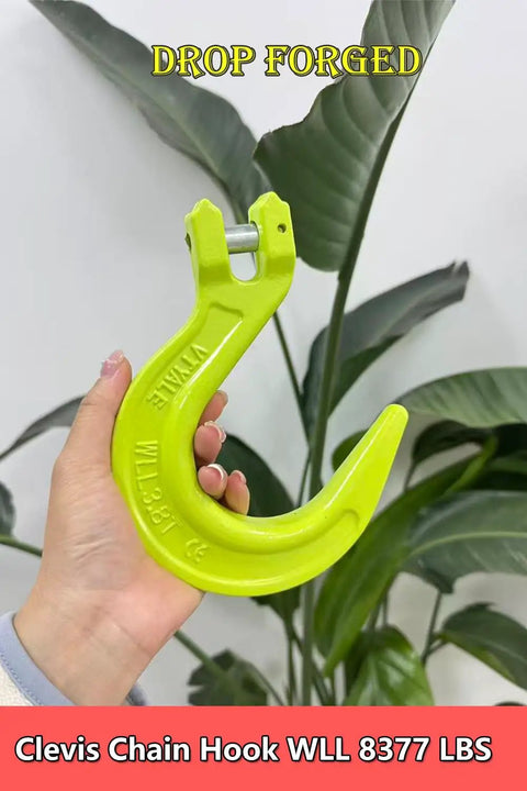 Three Eighths Inch Clevis Foundry Hook With 8377 Lbs Working Load Limit For Beefed Up Heavy Duty Lifting Grade 80 Alloy Steel Forged Construction Ideal For G80 Transport Binder Chain And Binder 1 Pack Ready To Use Rigging Set, lime green drop forged hook
