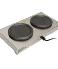 Hella Fast Heating Double Coffee Mug Warmer With Brushed Stainless Steel Plate and two black heating zones.