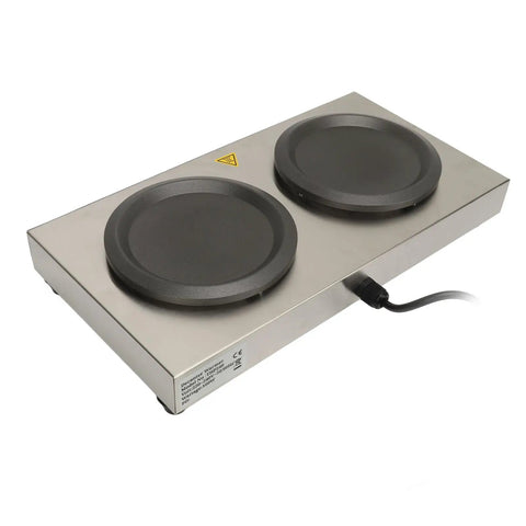 Hella Fast Heating Double Coffee Mug Warmer With Brushed Stainless Steel Plate and two black heating zones.