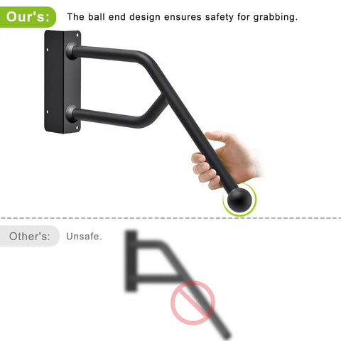 Heavy Duty Jamb Mount Iron Handrails For Indoor And Outdoor Steps Fully Welded Wall Plate 28 Inch Long By 1.3 Inch Diameter Supports Up To 500 Lbs Built For Seniors Durable Safety Grab Bar For Stairs with ball end design shown with hand grabbing safely.