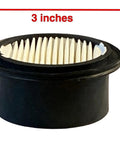 American Made 3 Inch Outside Diameter Air Compressor Filter With High Pleat Count Element Compatible With Dewalt Craftsman Porter Cable AC 0331 One Year Warranty Sized 3 Inch OD By One And Three Eighths Inches High shown with measurements