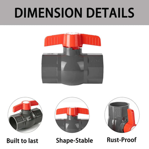 1/2 Inch SCH80 PVC Ball Valve 12 Pack Socket X Socket Shut Off For Irrigation And Pool Plumbing showing dimension details and valve action.