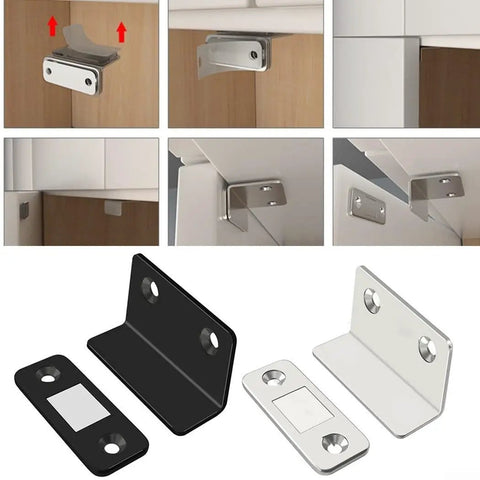 Stainless Steel Magnetic Cabinet Latch With No Slam Hold For Thin Doors And Drawers installed in cabinet and closet