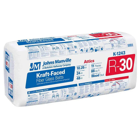 R-30 Kraft Faced Fiberglass Insulation Covers 704 Square Feet Eight Packs With Moisture Barrier in compact packaging.