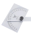 Rock Solid Stainless Steel Angle Protractor Square Head Double Zero To One Eighty Degree Scale measuring slope on paper.