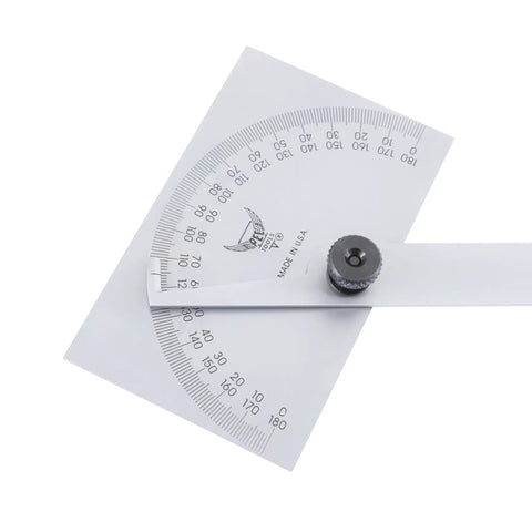 Rock Solid Stainless Steel Angle Protractor Square Head Double Zero To One Eighty Degree Scale measuring slope on paper.