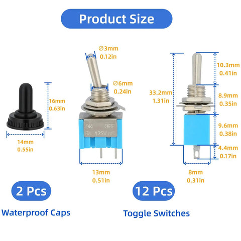 Product size details of 12 Pack Dope Tiny Toggle Switch SPST On Off 2 Pin 2 Position Waterproof Caps Included for DIY Projects PCB Breadboard MTS 101 Pro Grade Micro Switches.