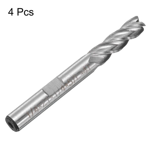 Quarter Inch End Mill Router Bit Set, Four Flute Straight Shank HSS-AL CNC Cutter, close-up view of one of four spiral milling tools.