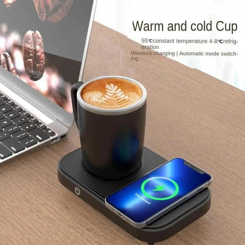 No Fuss Temperature Control Coffee Mug With 15W Wireless Charging Pad Heats To 130 Degrees Cools To 40 Degrees Black on desk with laptop.