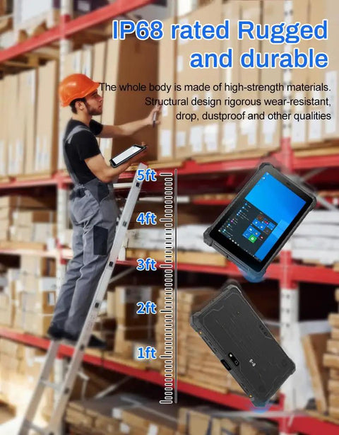 Handle any grueling shift with this rugged 10.1 inch Windows 11 Pro tablet showcasing IP68 waterproof durability in use.