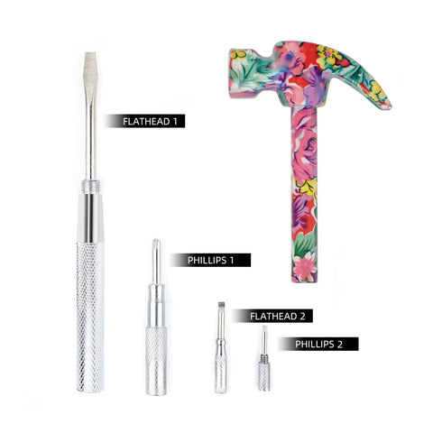 6 In 1 Multifunctional Floral Hammer And Screwdriver Tool Set With Claw Hammer Slotted And Flat Head Phillips Screwdrivers Nail Puller