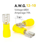 Three yellow insulated female spade connectors for 12-10 AWG, 1/4 inch quick disconnects, shown with specifications.