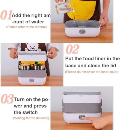 Instructions for using Portable Self Cooking Electric Lunch Box Two Layer Mini Rice Cooker With Four Stainless Steel Bowls