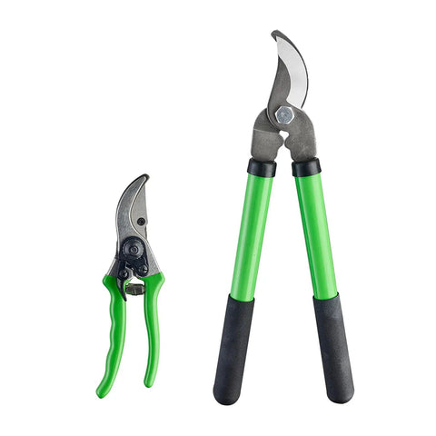 Workhorse Garden Pruning Shears With SK5 Steel Blades And Ergonomic Non Slip Handle, shown next to a large lopper for tree branches.