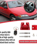 Heavy Duty Aluminum OBD Port Lock With Security Screw Tool Kit displayed with red car background and installation components.