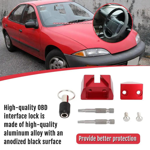 Heavy Duty Aluminum OBD Port Lock With Security Screw Tool Kit displayed with red car background and installation components.