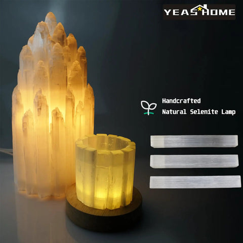 Handcrafted Selenite Lamp With Mountain Peak Design, Dimmable Bedside Night Light, White Salt Crystal Table Lamp