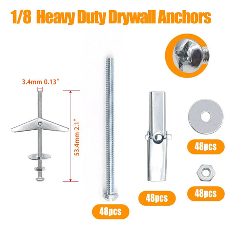 Heavy Duty Toggle Bolt Kit 192 Piece Drywall Anchors And Screws Set With Wing Nuts Washers Spacers One Eighth Inch For Tough As Nails Mounts In Walls And Ceilings, 1/8 in toggle bolt set