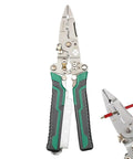 Solid Wire Stripper And Cable Pliers With Built In Voltage Tester Portable Precision Electrical Tool No Nonsense Design Built Like A Tank For Day One Crews Green Finish with metal jaws and green grips.