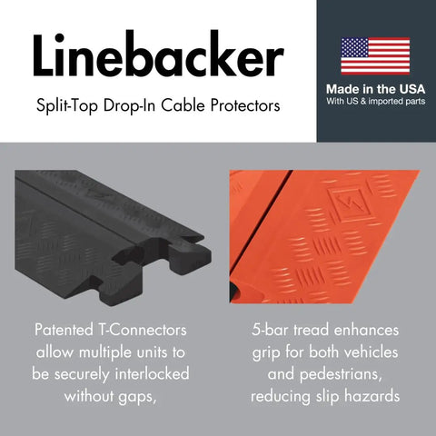 Linebacker Drive-Over Cable Protector One Channel With Drop-In Design For 2.25 Inch Lines, orange with T-connectors and tread.